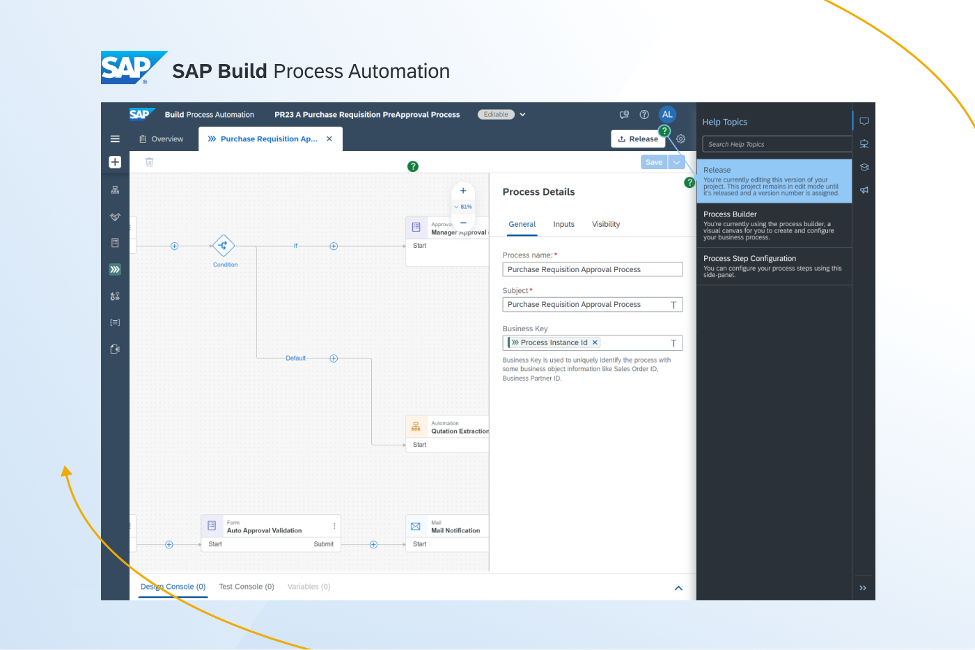 SAP Build's process editor with the SAP Companion open