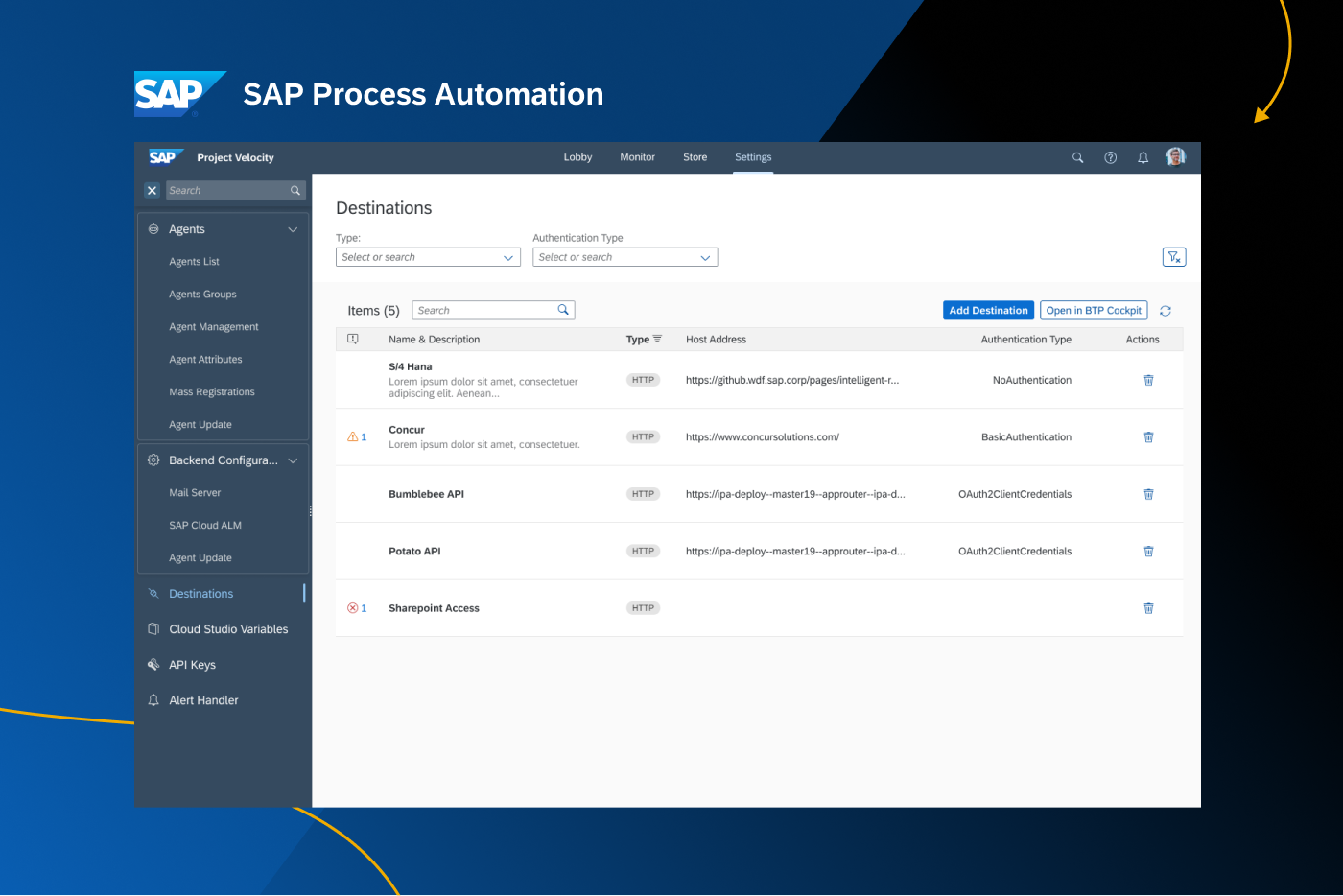 SAP Process Automation setting's page