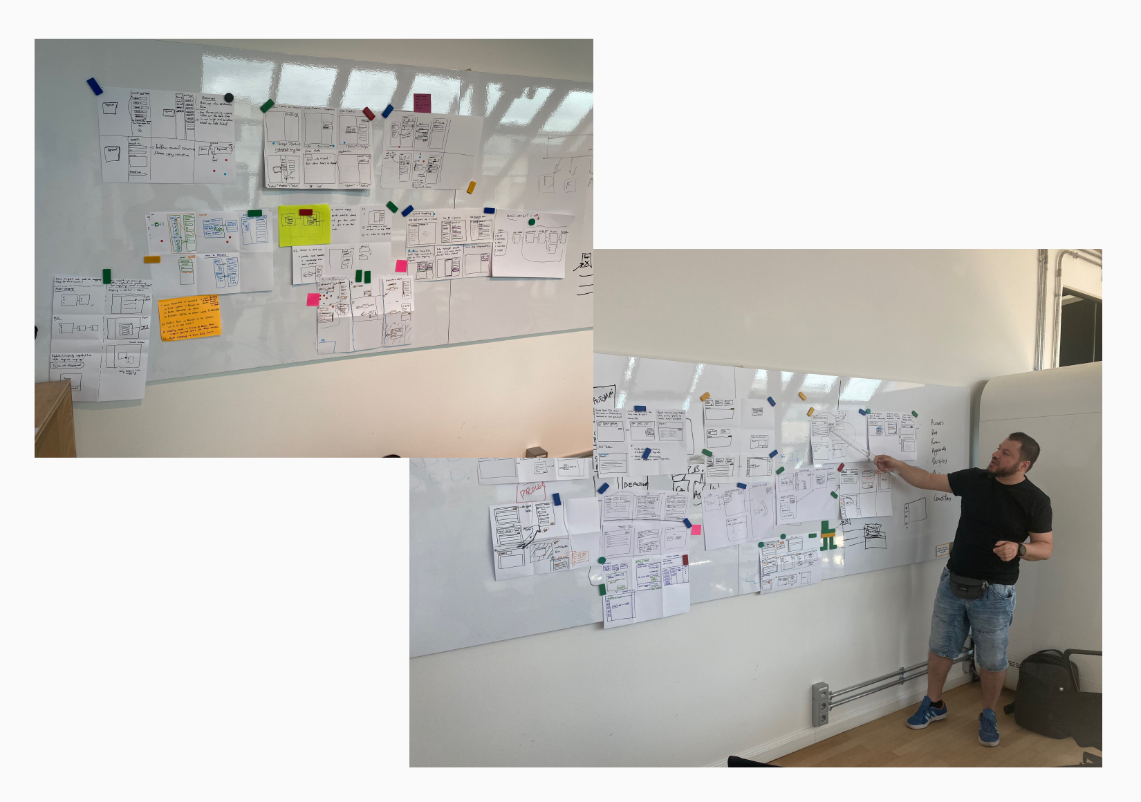 A team member pointing at a whiteboard with a ruler. The whiteboard has lots of hand-drawn sketches of interfaces